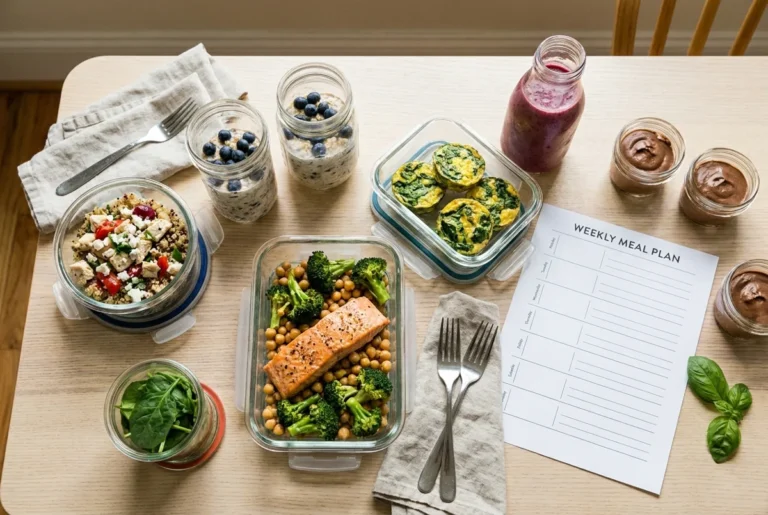 Weekly high protein meal prep for menopause with chicken quinoa bowls, sheet-pan salmon, overnight oats, egg bites, a berry smoothie, and chocolate mousse cups
