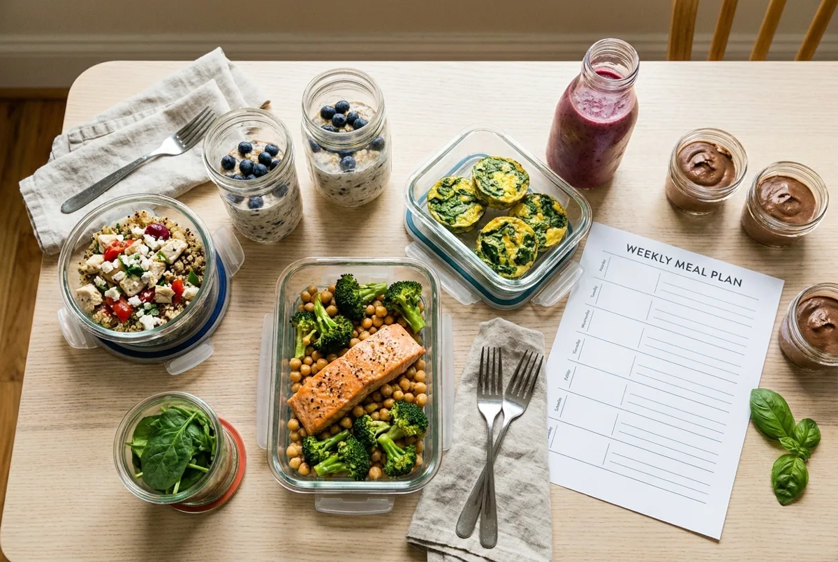 Weekly high protein meal prep for menopause with chicken quinoa bowls, sheet-pan salmon, overnight oats, egg bites, a berry smoothie, and chocolate mousse cups