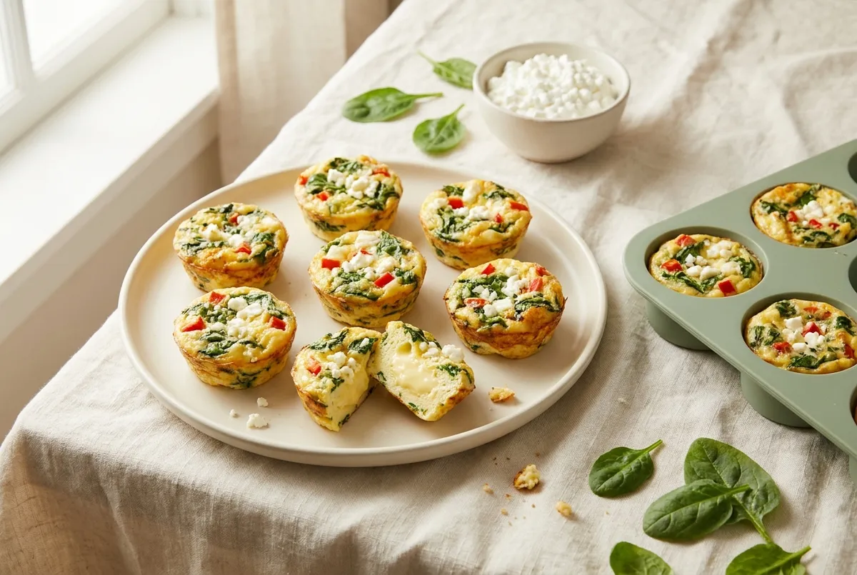 Spinach Feta Cottage Cheese Egg Bites (27g Protein, Meal-Prep Friendly)