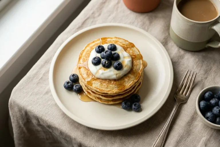 Stack of cottage cheese protein pancakes topped with Greek yogurt and blueberries