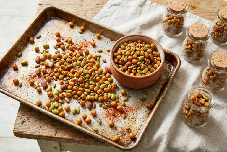 Crispy roasted chickpeas, edamame, almonds, and pumpkin seeds with smoked paprika on a sheet pan and in small snack jars