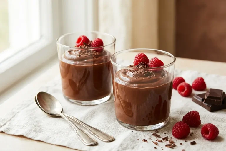 Small glass cups of chocolate cottage cheese mousse topped with raspberries and cocoa