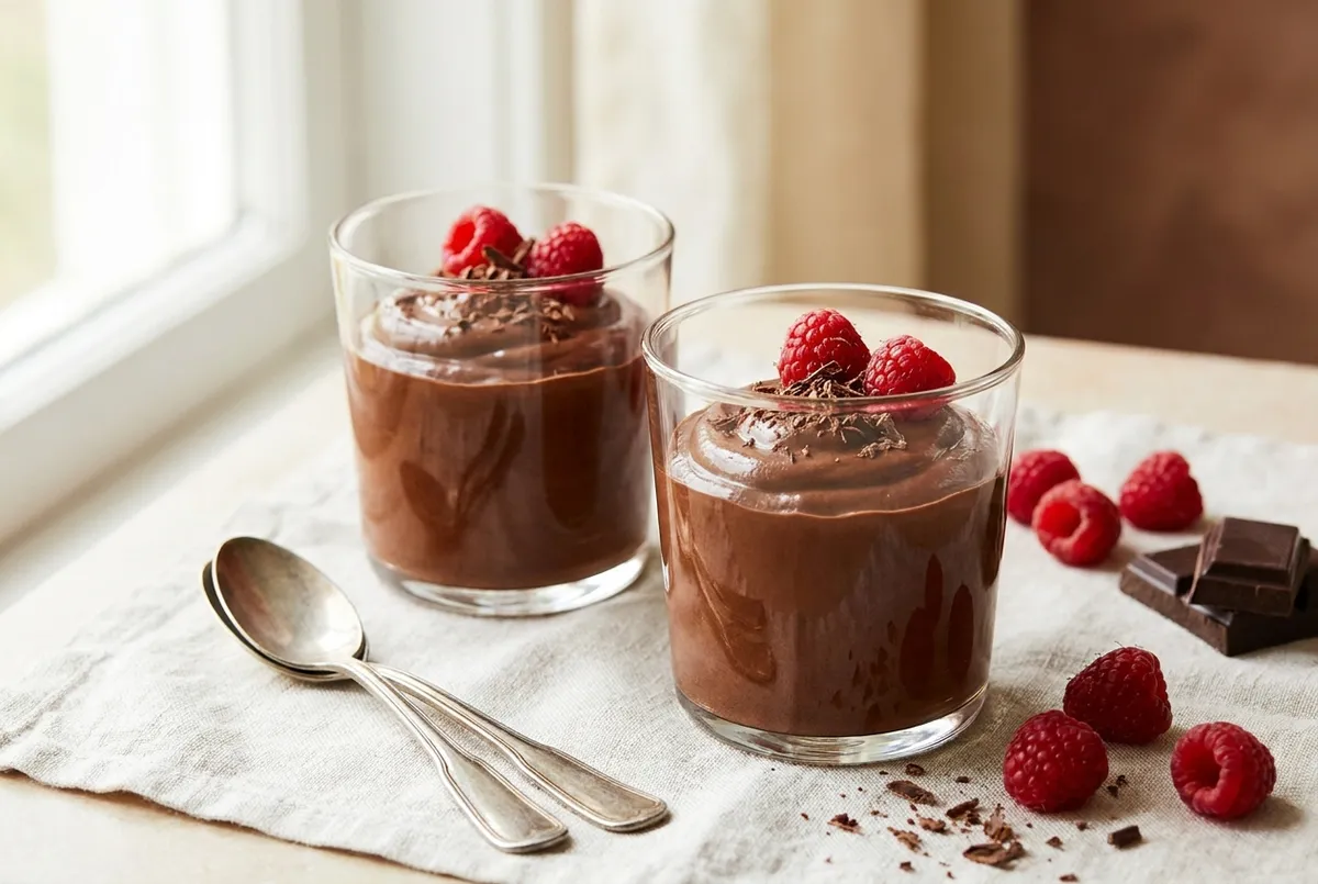 Small glass cups of chocolate cottage cheese mousse topped with raspberries and cocoa