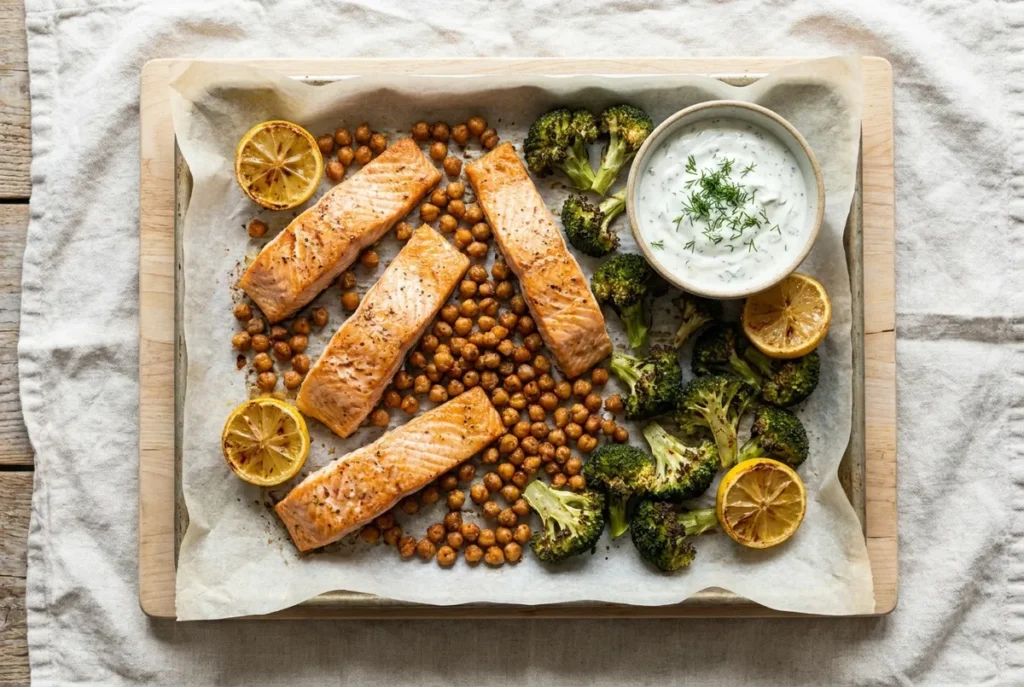 Roasted salmon fillets, chickpeas, broccoli and lemon on a sheet pan.