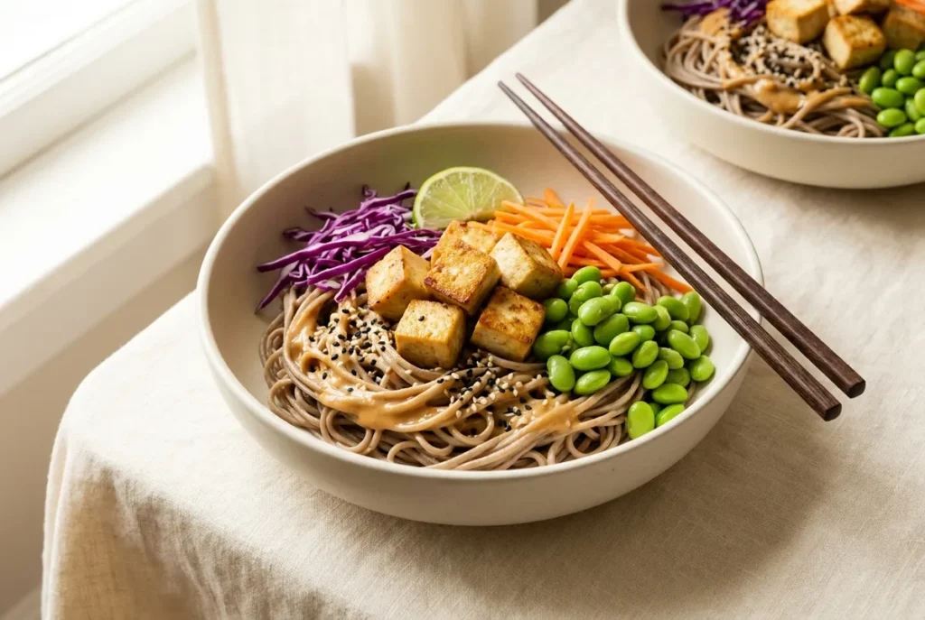 Tofu cubes, edamame, soba noodles, shredded carrots and red cabbage with peanut sauce.