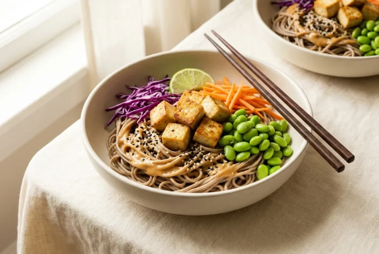 Bowl of peanut tofu and edamame soba noodles topped with sesame seeds and scallions
