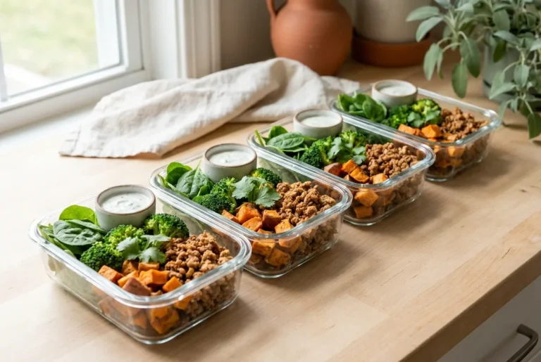 Four glass meal prep containers with ground turkey, roasted sweet potatoes, broccoli, spinach, and lime yogurt sauce