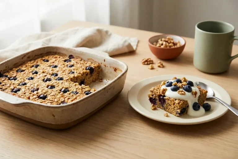 High protein baked oatmeal with blueberries in a ceramic baking dish, one square served with Greek yogurt and walnuts