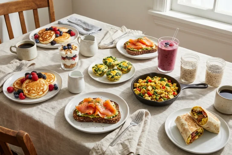 A breakfast table with high protein breakfast ideas for women over 50 including cottage cheese pancakes, yogurt parfait, egg bites, smoked salmon toast, tofu scramble, and overnight oats
