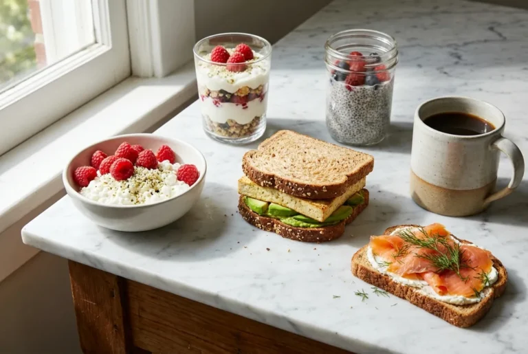 High protein breakfast without eggs: cottage cheese berry bowl, tofu breakfast sandwich, smoked salmon toast, Greek yogurt parfait, and chia pudding jar
