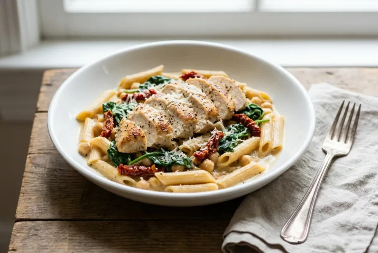 High protein chickpea penne with seared chicken, spinach, sun-dried tomatoes, and a creamy lemon Parmesan sauce in a white bowl