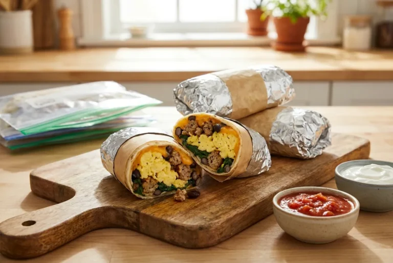 High protein freezer breakfast burritos wrapped in foil and parchment, one cut open to show eggs, turkey, black beans, spinach, and cheddar