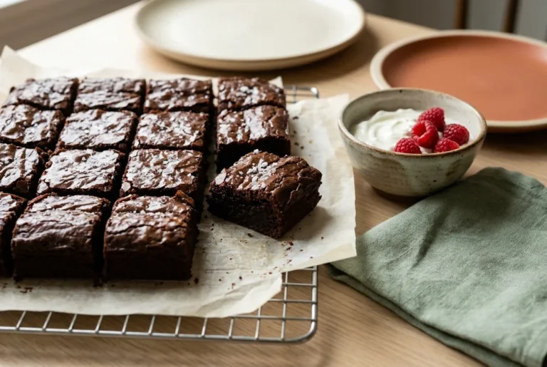 Fudgy high protein Greek yogurt brownies cut into squares on parchment with chocolate chips on top