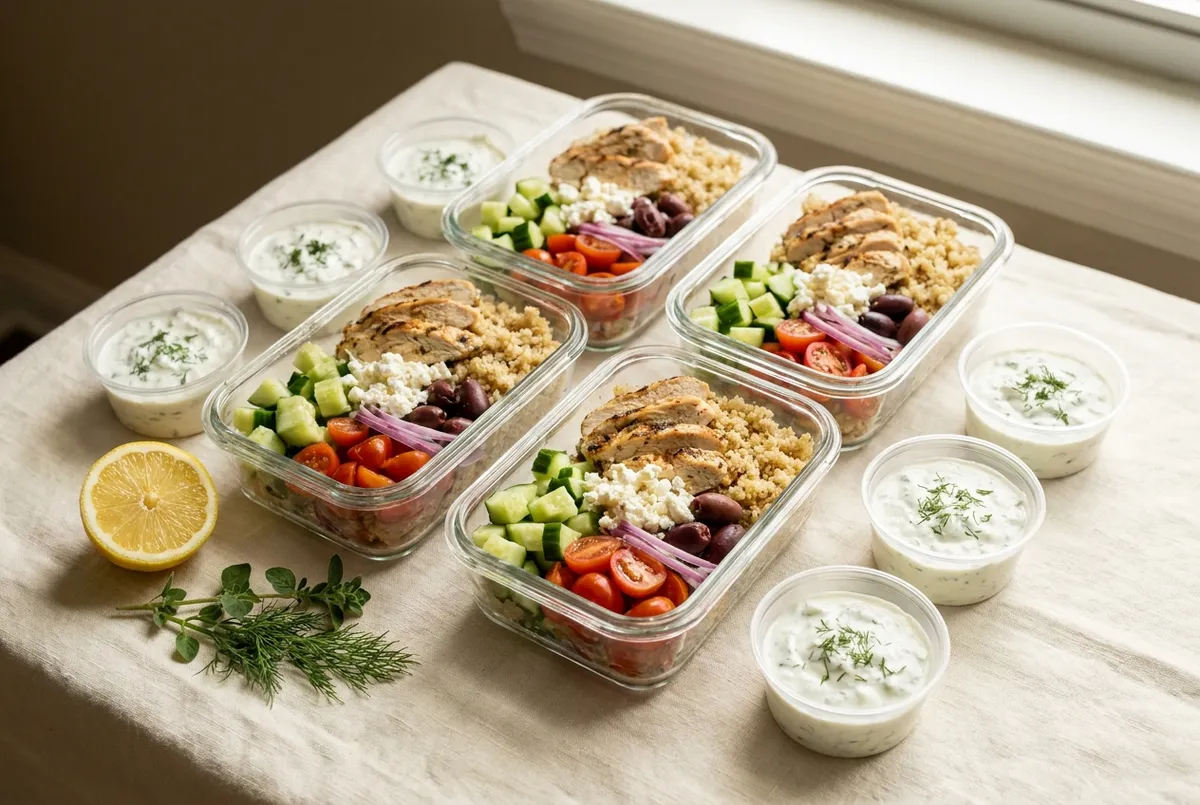 Four Greek chicken meal-prep bowls with quinoa, cucumber, tomatoes and creamy tzatziki