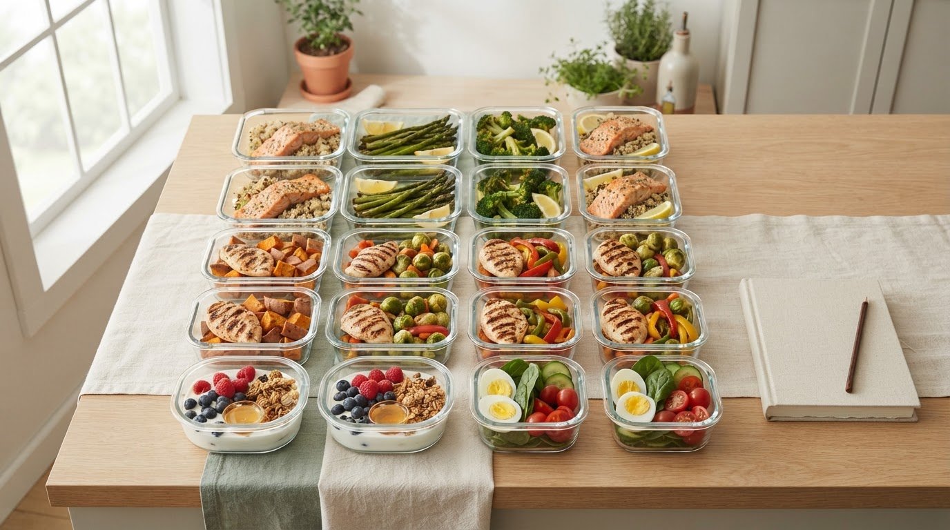 A week of high-protein meal-prep containers arranged on a counter