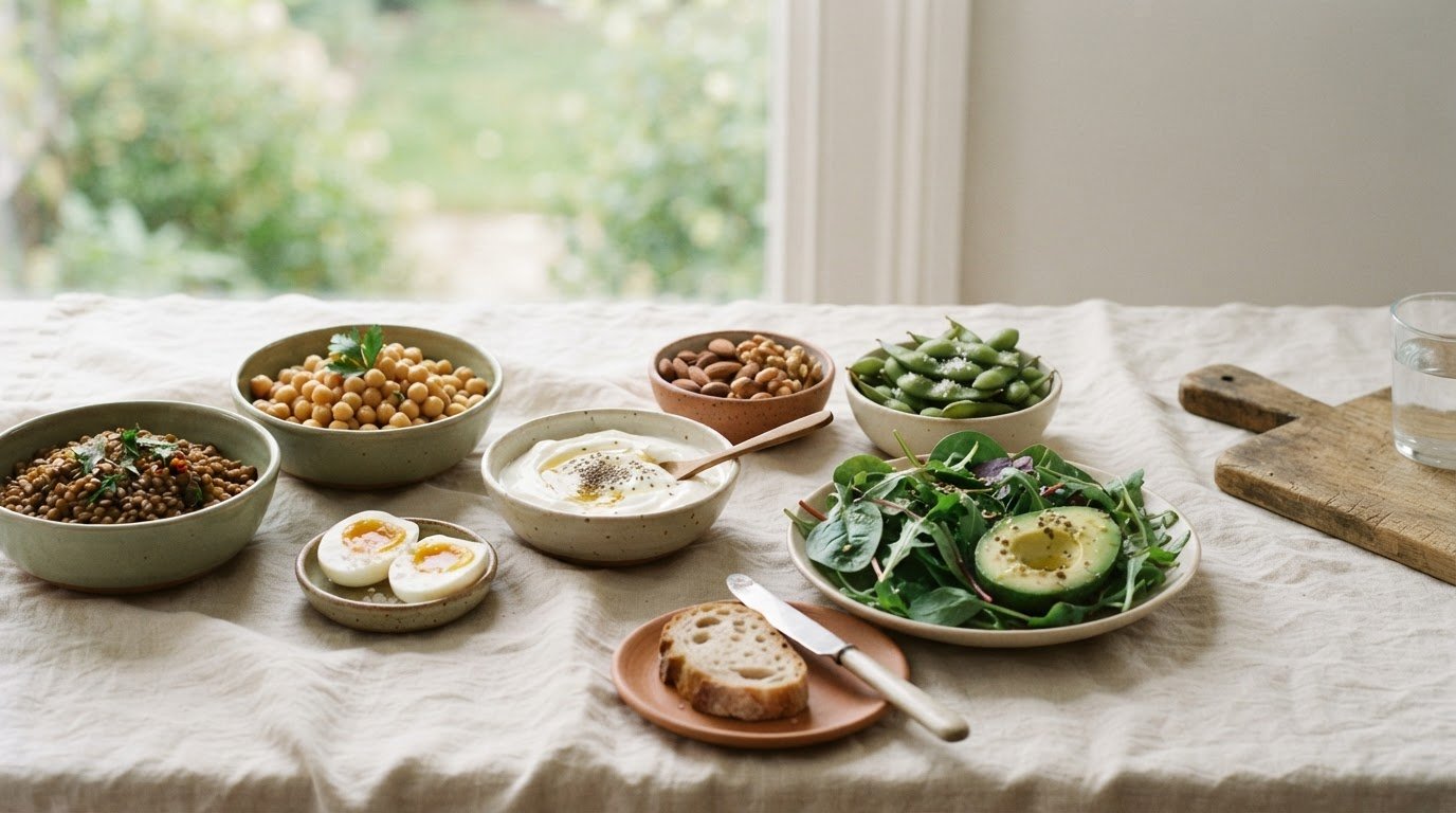 Protein-rich whole foods in ceramic bowls: lentils, eggs, yogurt, nuts, edamame and greens