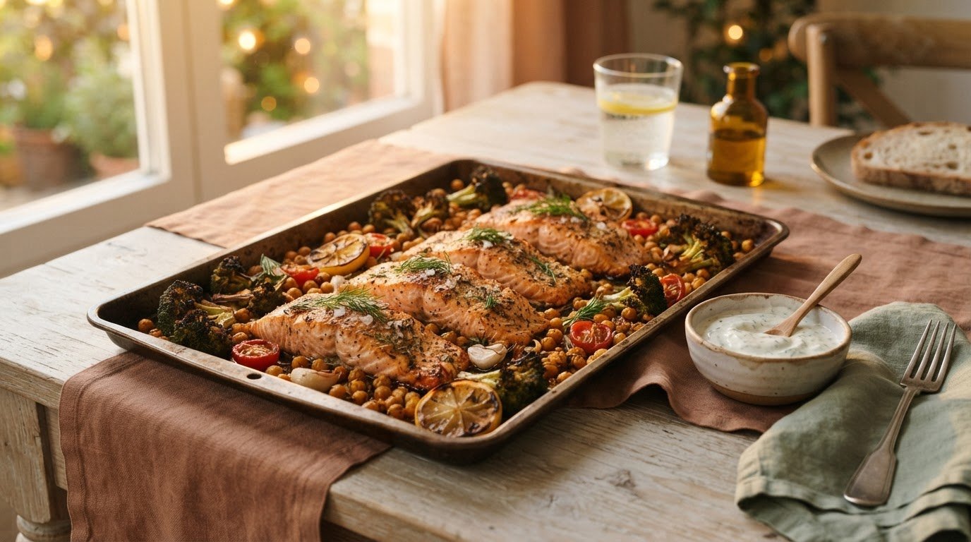 Sheet-pan salmon with chickpeas, broccoli, and lemon on a dining table