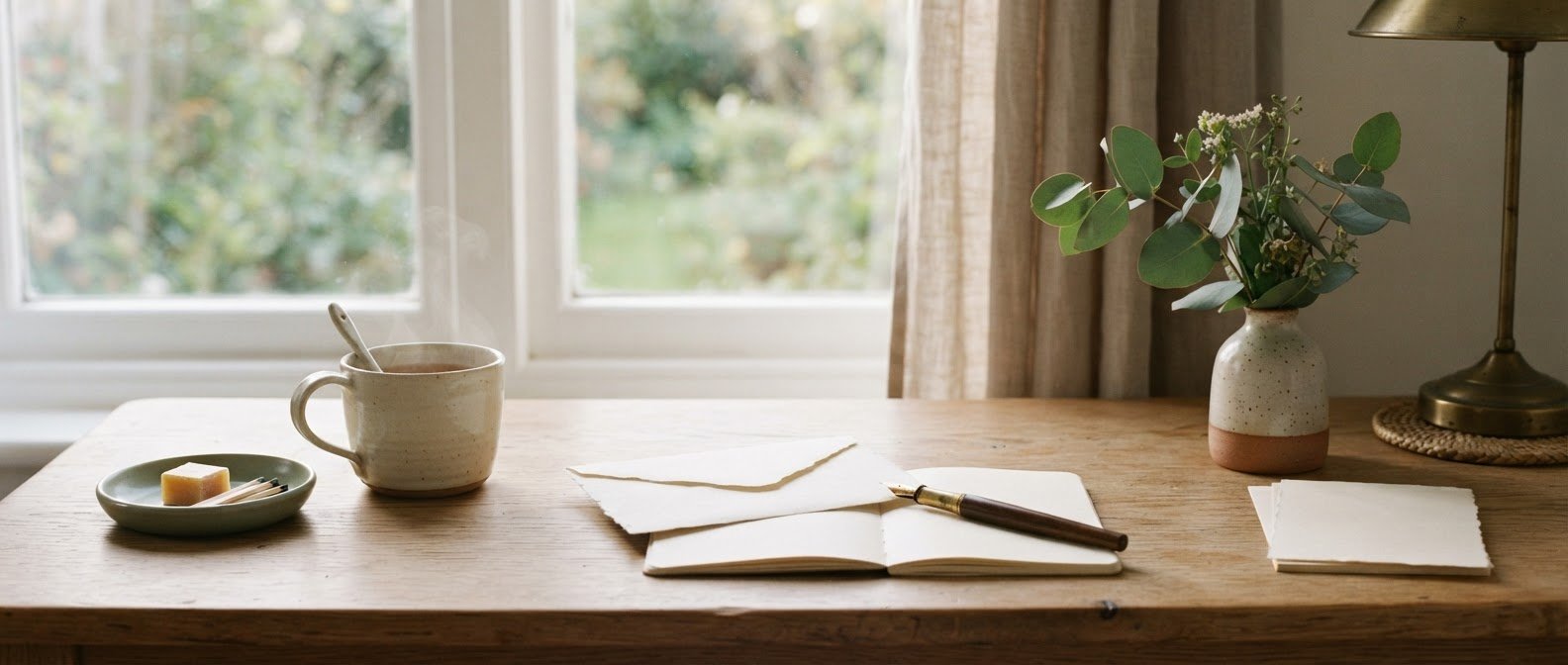 Calm writing desk by a window with herbal tea, an envelope, a pen and eucalyptus