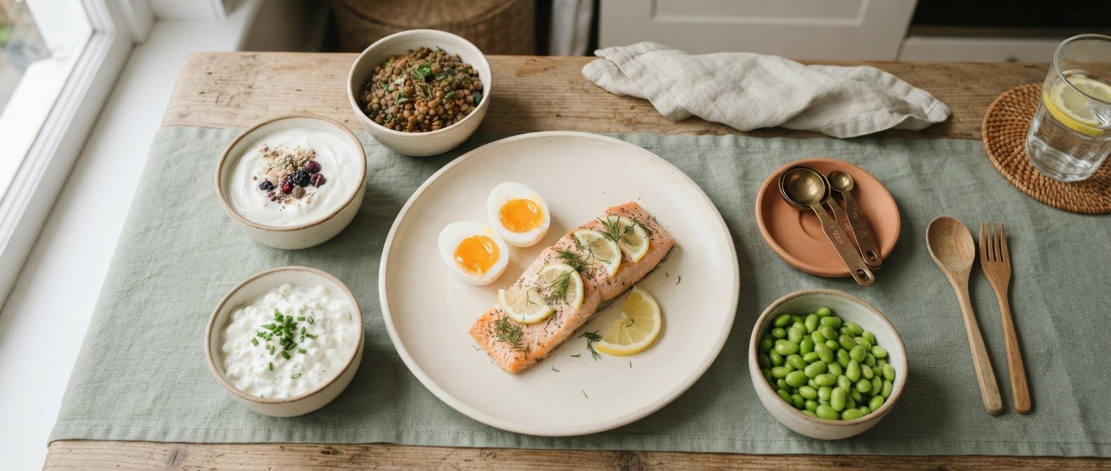 Balanced protein portions: salmon fillet, Greek yogurt, eggs, lentils, cottage cheese and edamame with measuring spoons