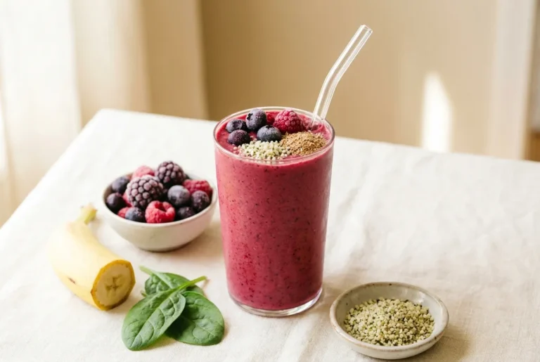 Tall glass of thick mixed berry protein smoothie made without protein powder, berries nearby
